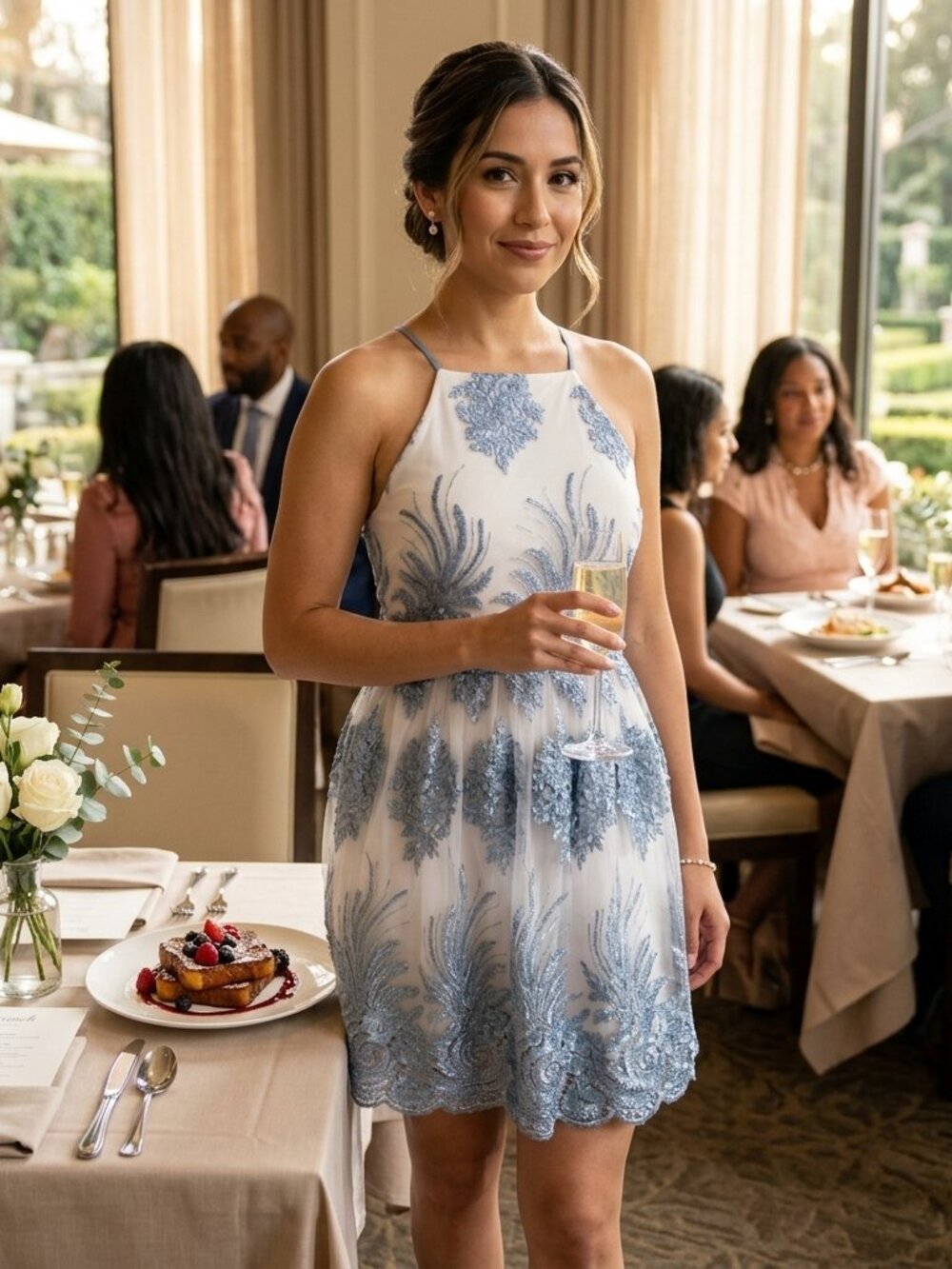 Altar'd State Blue Floral Lace Halter Mini Dress Large L Wedding Guest Cocktail